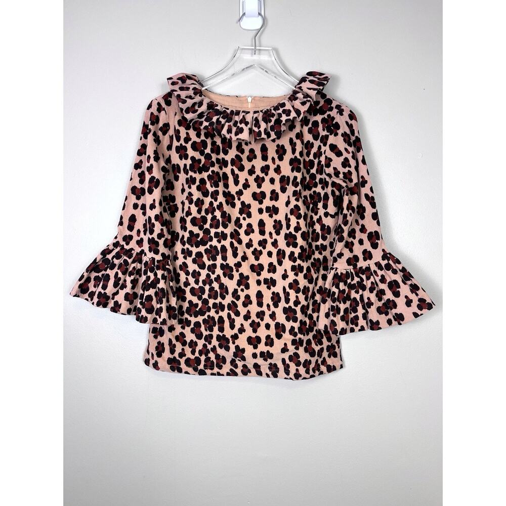 Elizabeth Wilson Leopard Corduroy Katherine Bell Sleeve Ruffle Top Preppy XS
